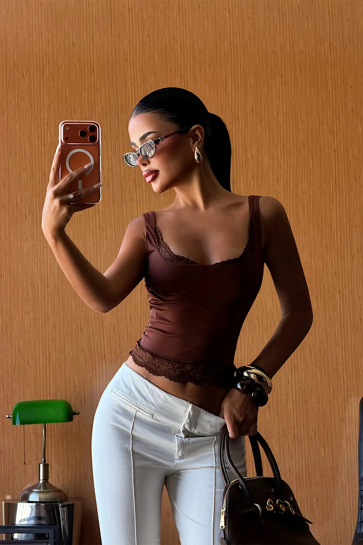 EYY Women Brown Lace Detail Crop - Pensacola