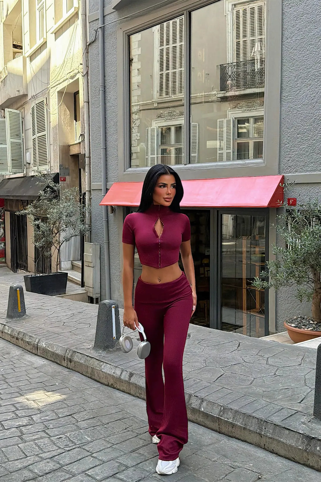 EYY Women Burgundy Zipper Detail Pants Set - Castro Valley