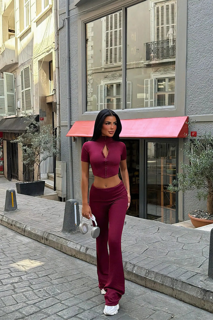 EYY Women Burgundy Zipper Detail Pants Set - Castro Valley
