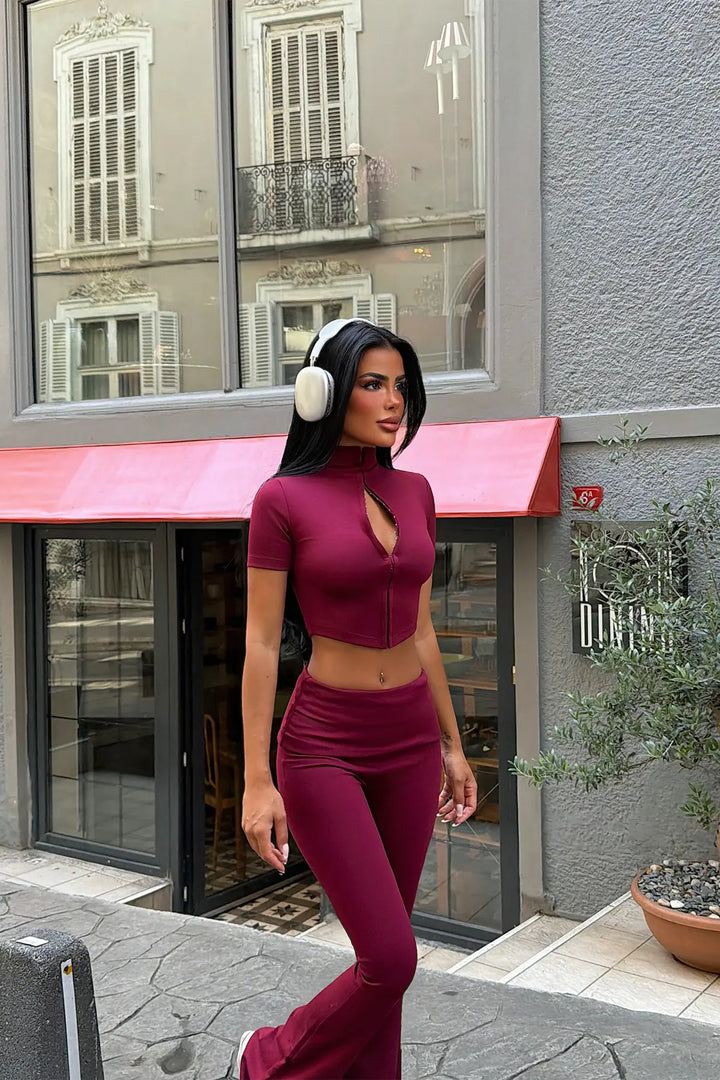 EYY Women Burgundy Zipper Detail Pants Set - Castro Valley