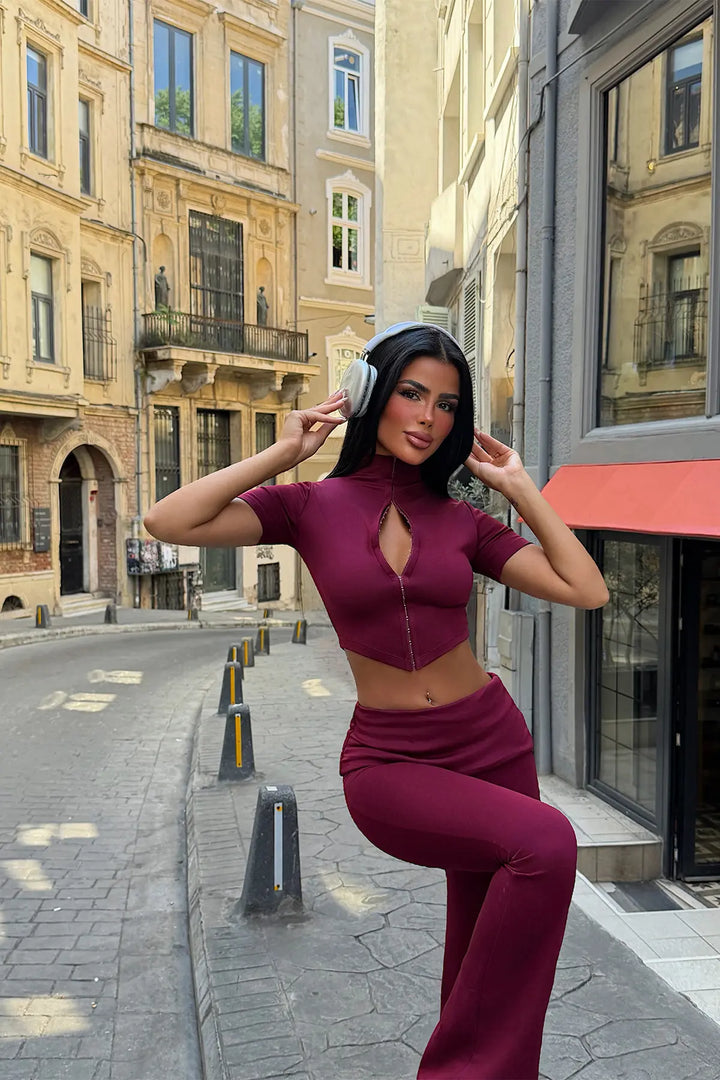 EYY Women Burgundy Zipper Detail Pants Set - Castro Valley