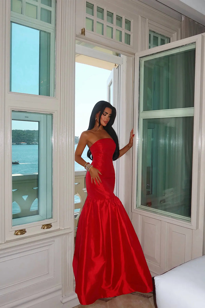 EYY Women Red Balloon Skirt Evening Dress - Ahlen