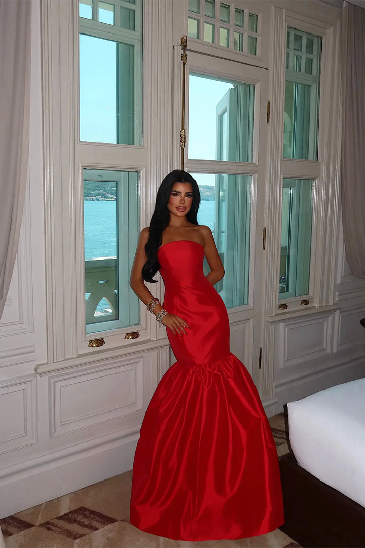 EYY Women Red Balloon Skirt Evening Dress - Ahlen