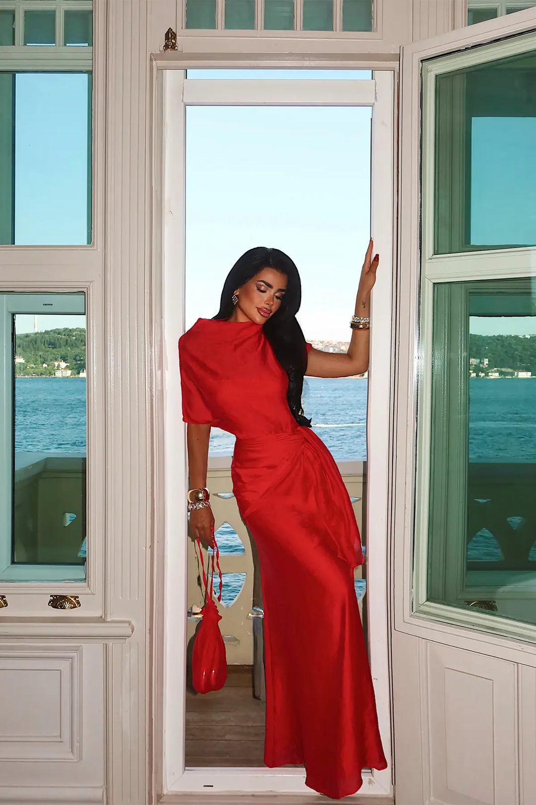 EYY Women Red Shawl Detail Long Dress - San Remo