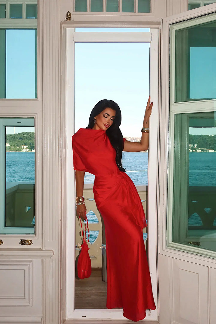 EYY Women Red Shawl Detail Long Dress - San Remo