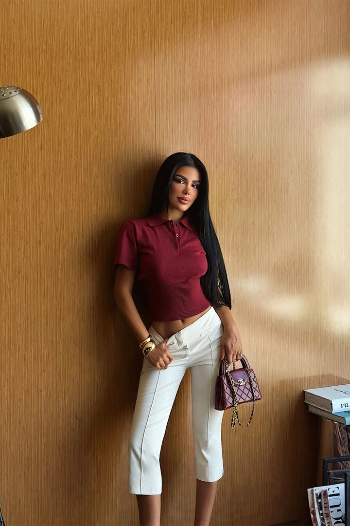 EYY Women Burgundy Polo Collar Knit T-Shirt - Chicago