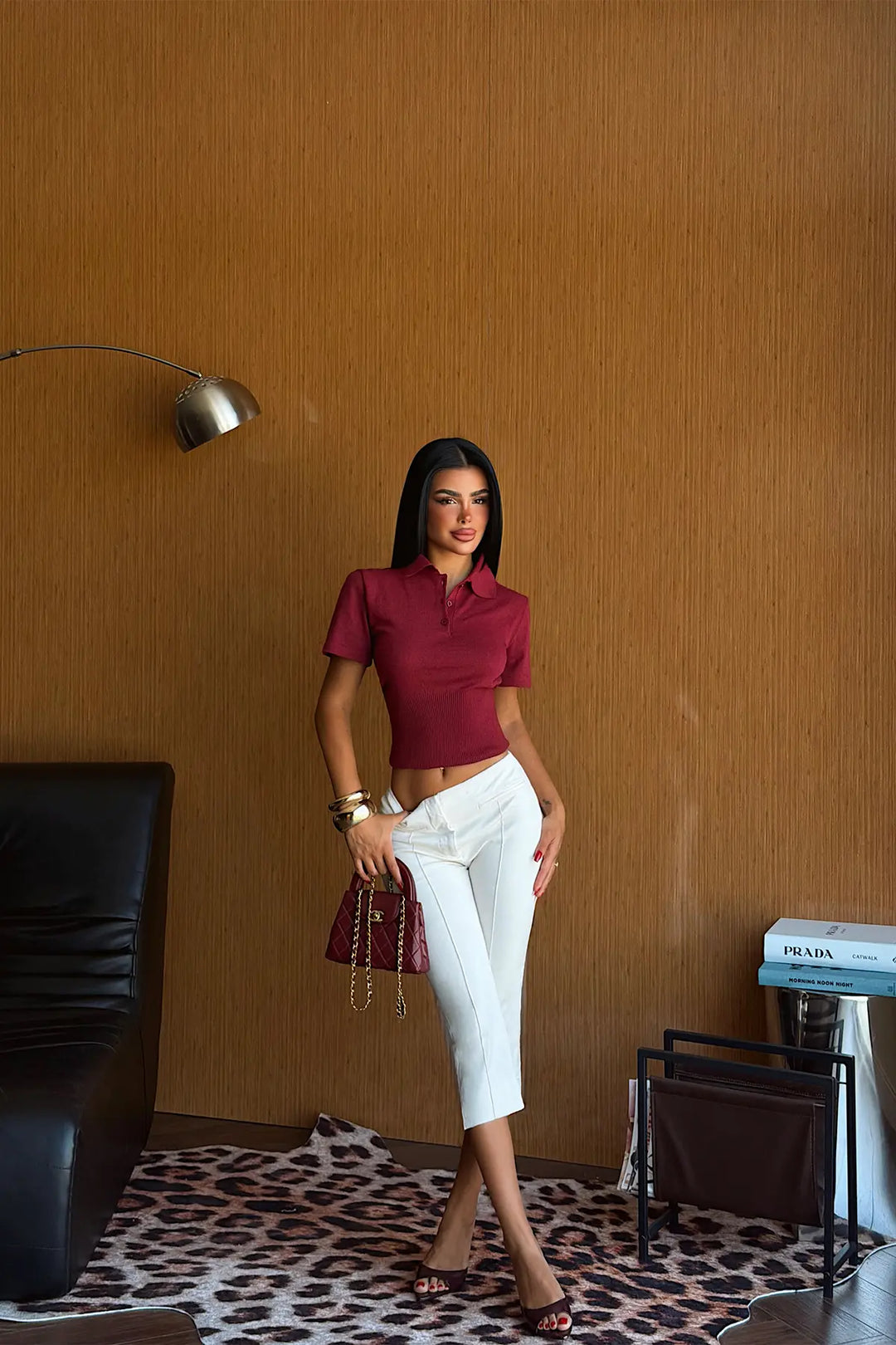 EYY Women Burgundy Polo Collar Knit T-Shirt - Chicago