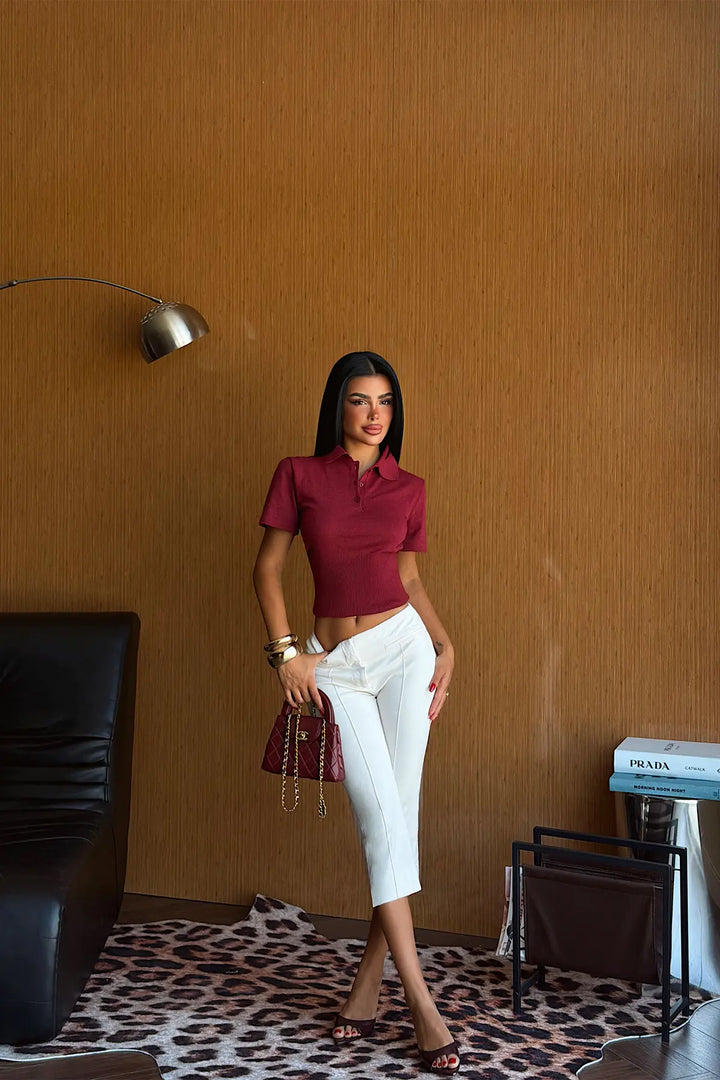 EYY Women Burgundy Polo Collar Knit T-Shirt - Chicago