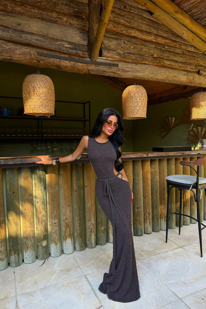 EYY Women Dark Brown Transparent Front Long Dres - Poti