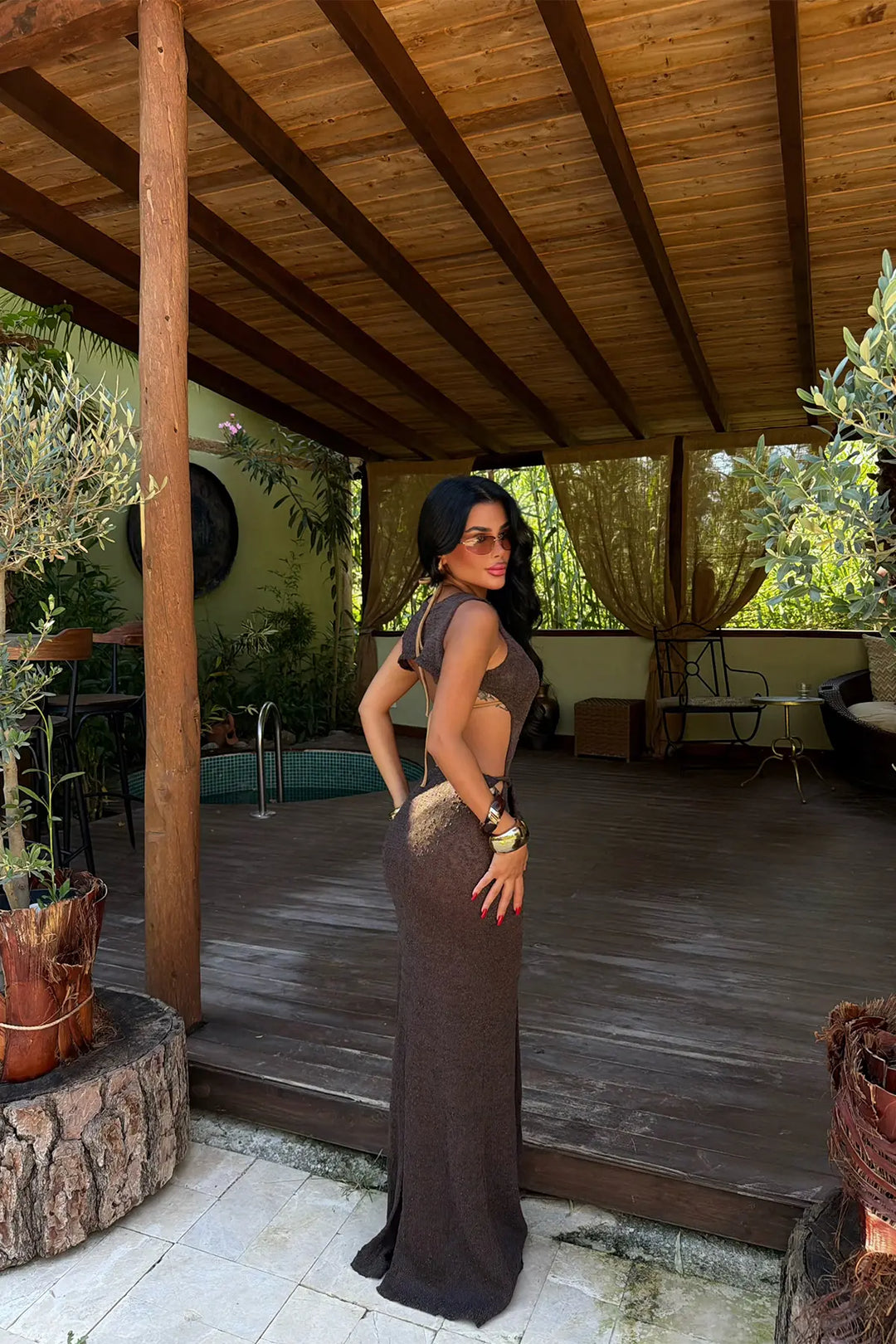 EYY Women Dark Brown Transparent Front Long Dres - Poti