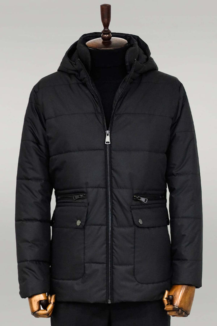 WSS Slim Fit Hooded Black Men Coat  - San Bartolomé