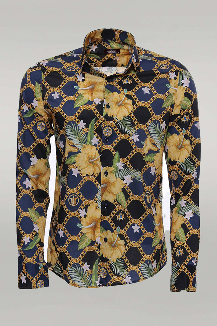 WSS Colorful Floral Patterned Slim Fit Long Sleeves Navy Blue Men Shirt  - Pompano Beach