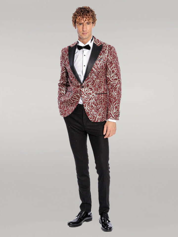 WSS Sparkling Ivy Patterned Slim Fit Burgundy Men Prom Blazer  - Singen
