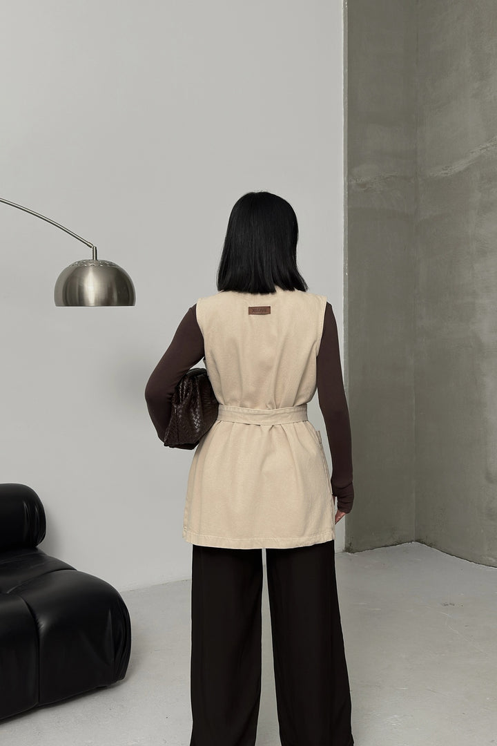 XLJ Belted and Cross Over Collar Denim Vest - Berdychiv