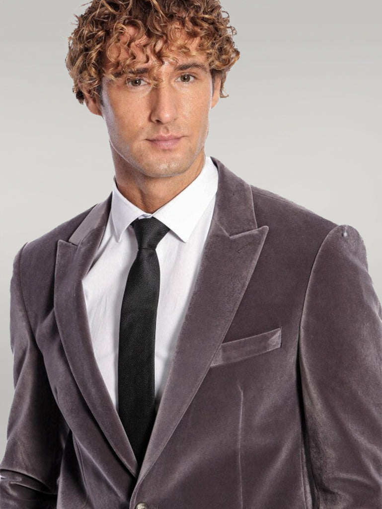 WSS Wide Peak Lapel Single Button Velvet Grey Men Blazer  - Singen