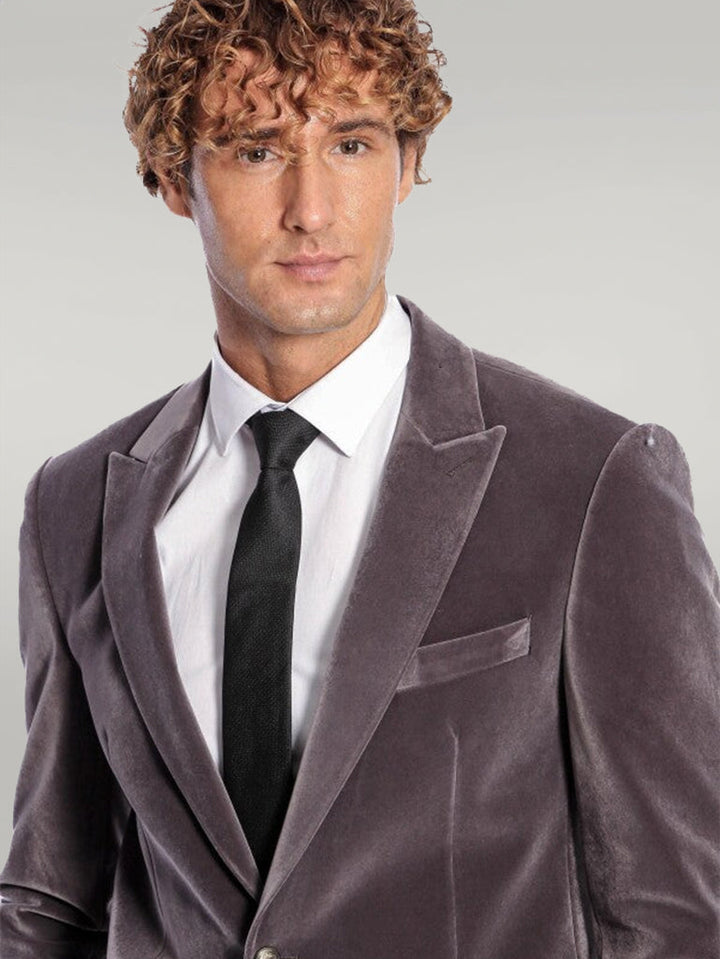 WSS Wide Peak Lapel Single Button Velvet Grey Men Blazer  - Singen