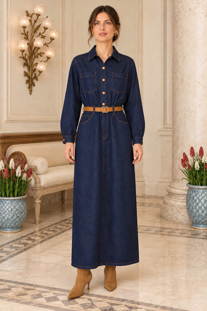 XLJ Belted Shirt Draped Denim Dress 3101 - Alexandria
