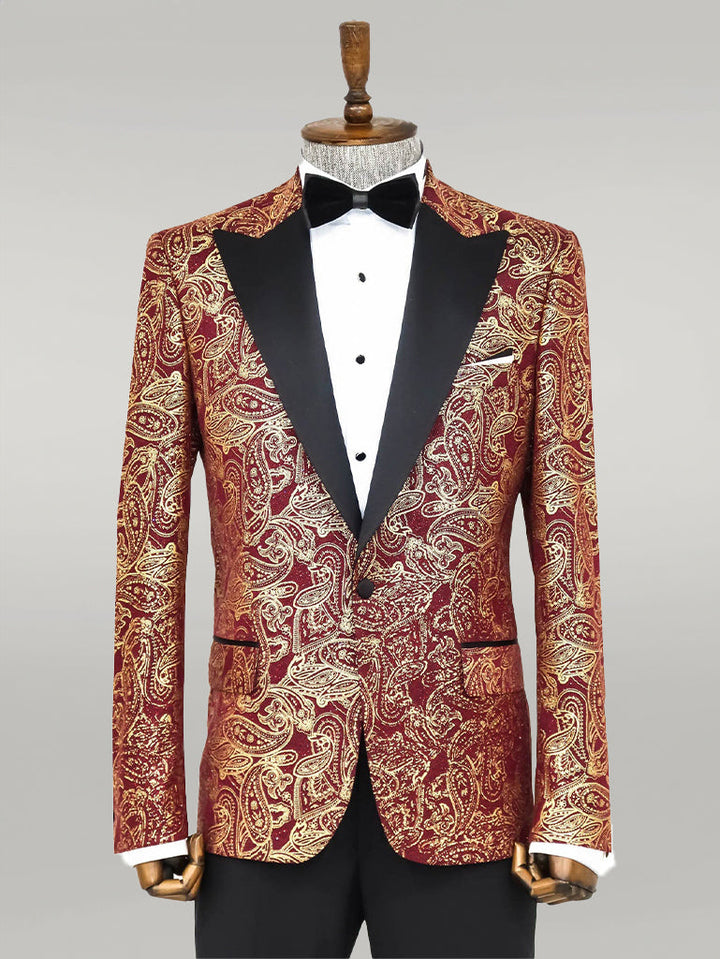 WSS Paisley Peak Lapel Burgundy Men Prom Blazer  - Singen
