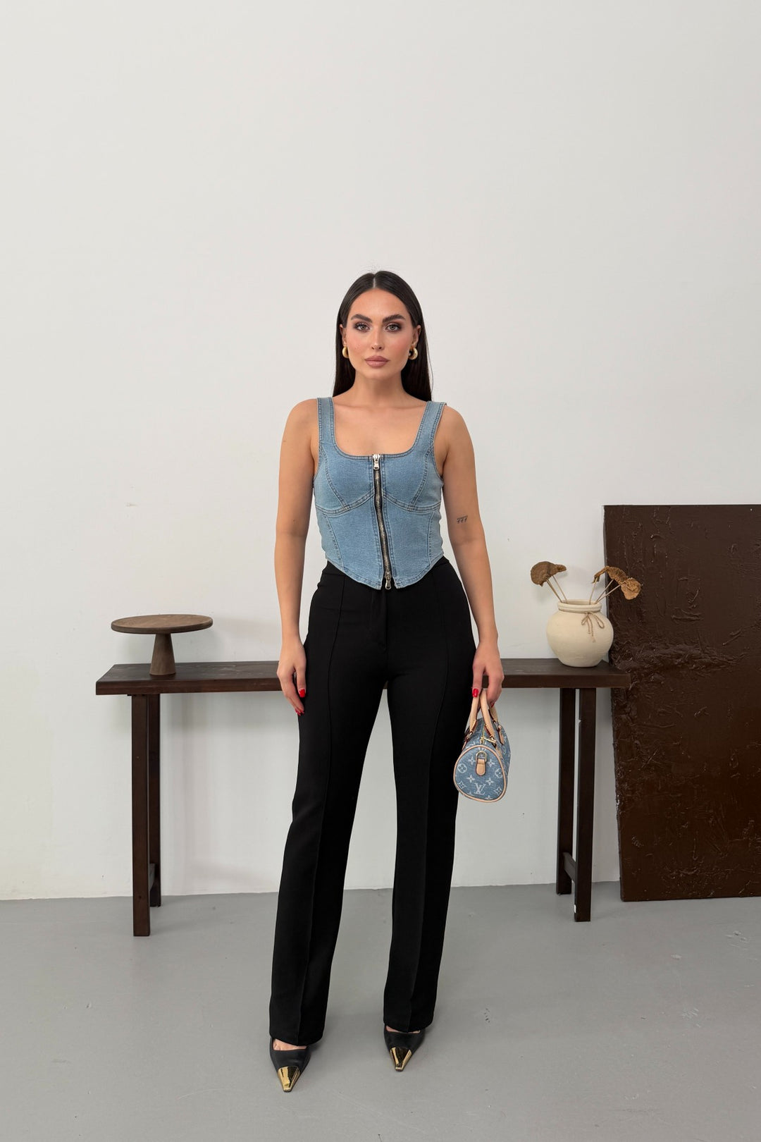 XLJ Denim Bustier with Front Zipper - Grapevine