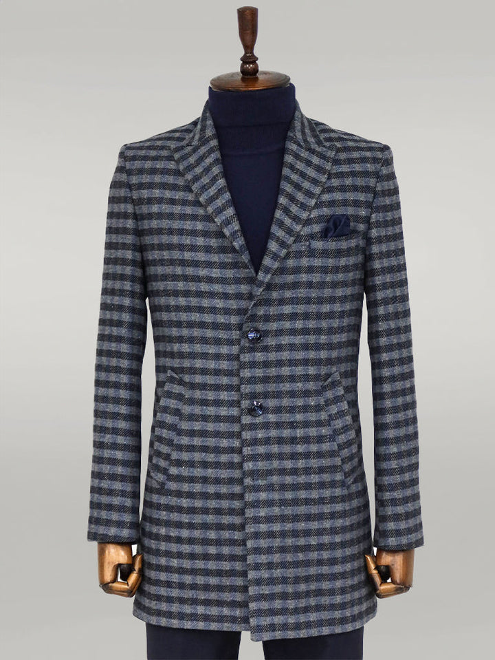 WSS Cachet Plaid Wide Lapel Slim Fit Navy Blue Men Coat  - Singen