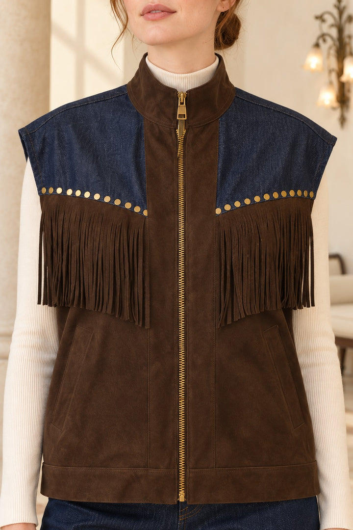 XLJ Leather Vest with Tassel Trim 6353 - Ágioi Anárgyroi