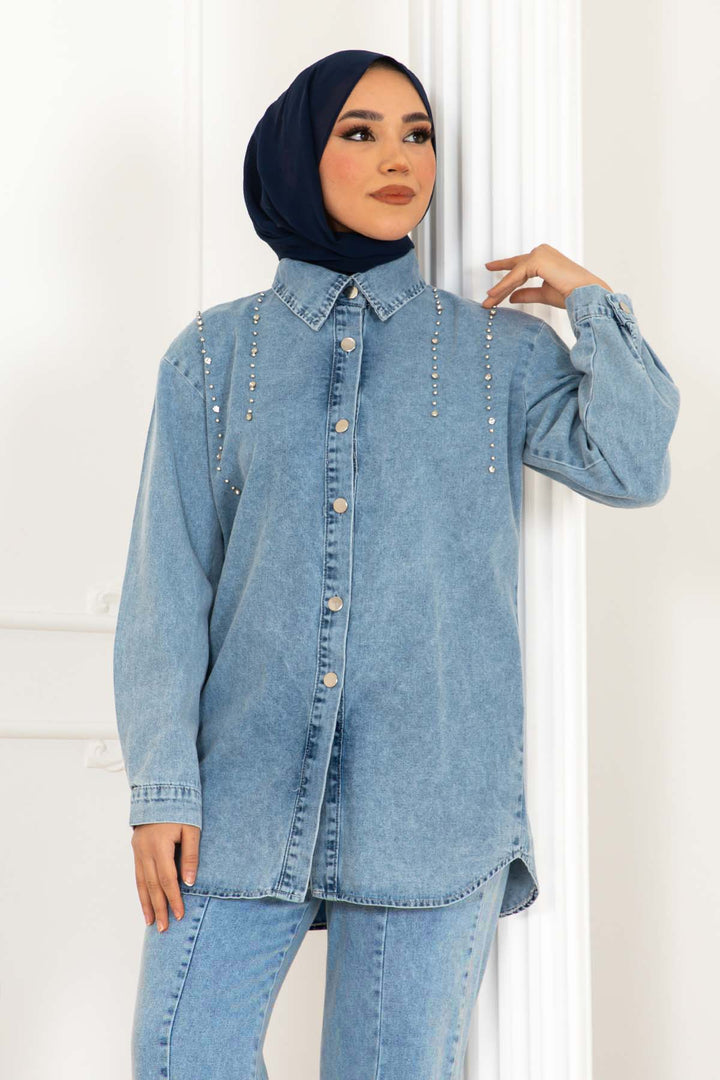 BNG Women Paçası Yırtmaçlı Taş Detaylı Kot Takım Mavi 370  - San Giorgio a Cremano