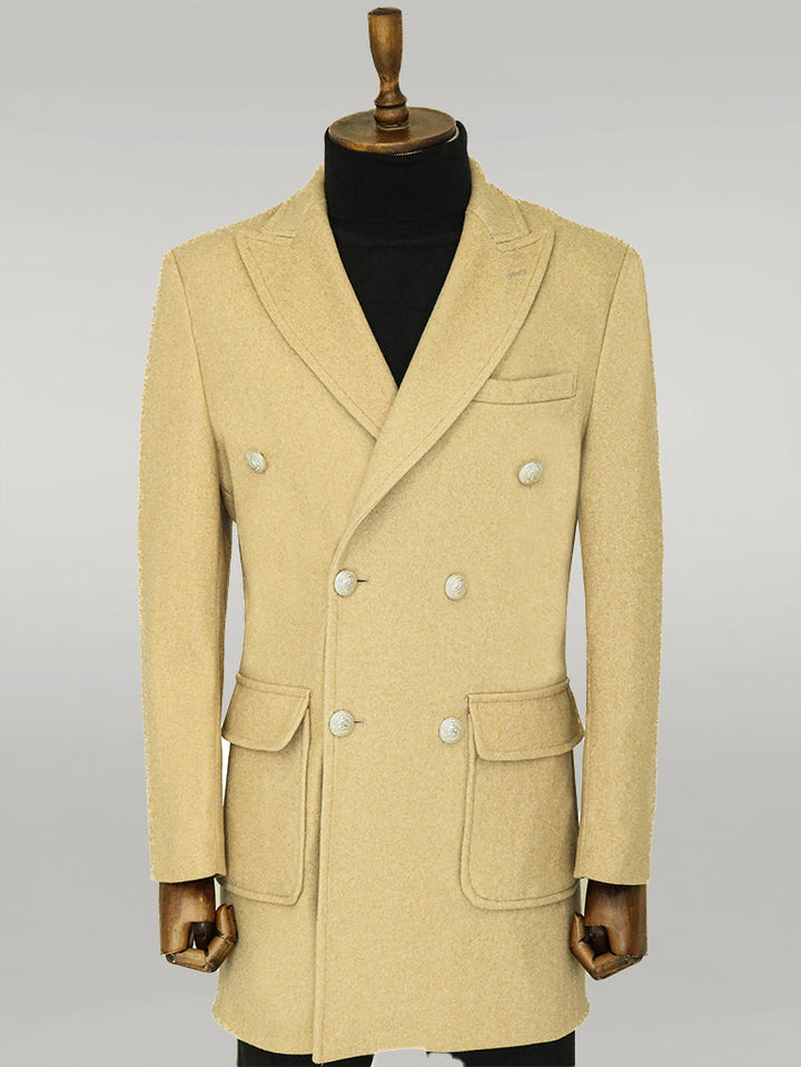 WSS Metal Buttons Wool Cashmere Beige Men Double Breasted Coat  - Singen