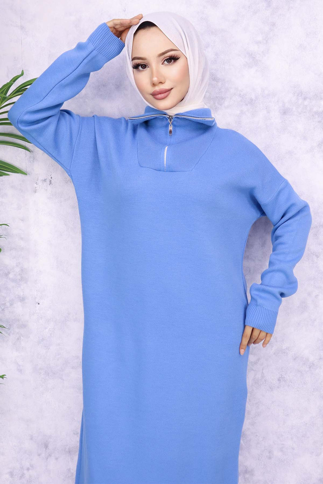 BNG Women Blue Knitted Dress with Zipper Collar - Keller