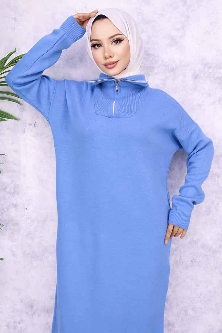 BNG Women Blue Knitted Dress with Zipper Collar - Keller