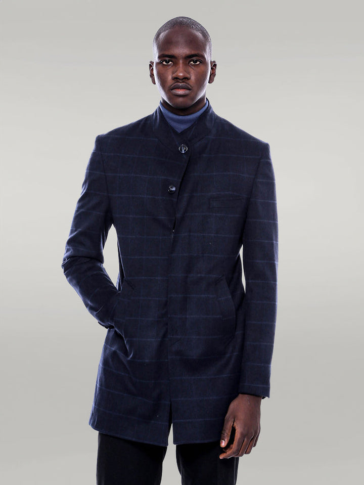 WSS Mandarin Collar Navy Checked Coat  - Singen