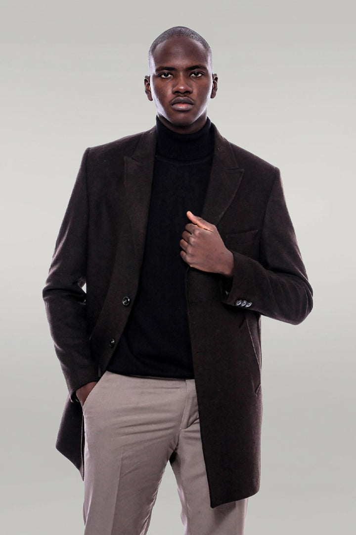 WSS Wide Pointed Collar Over Knee Brown Men Coat  - Cholet