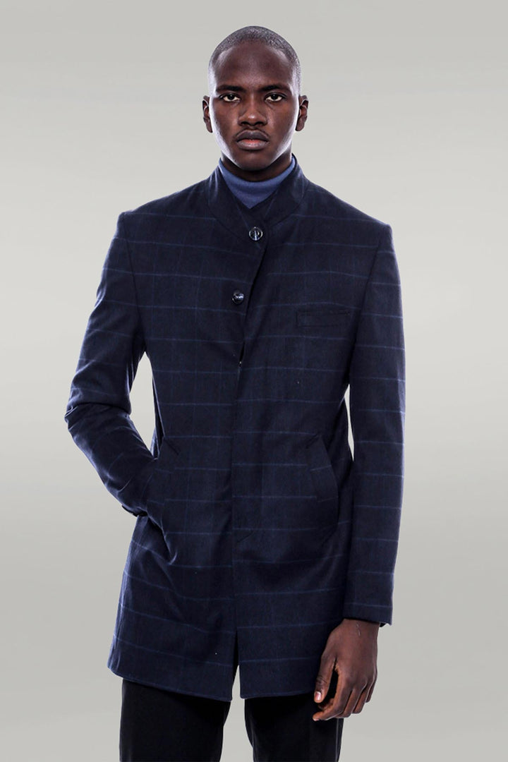 WSS Mandarin Collar Navy Checked Coat  - Gainesville