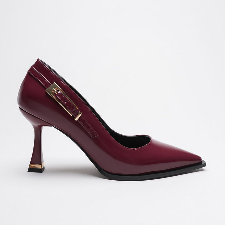 DSM Pony Bordeaux Leather Stiletto with Gold Buckle Detail High Heel Women's Shoe - Guilderland