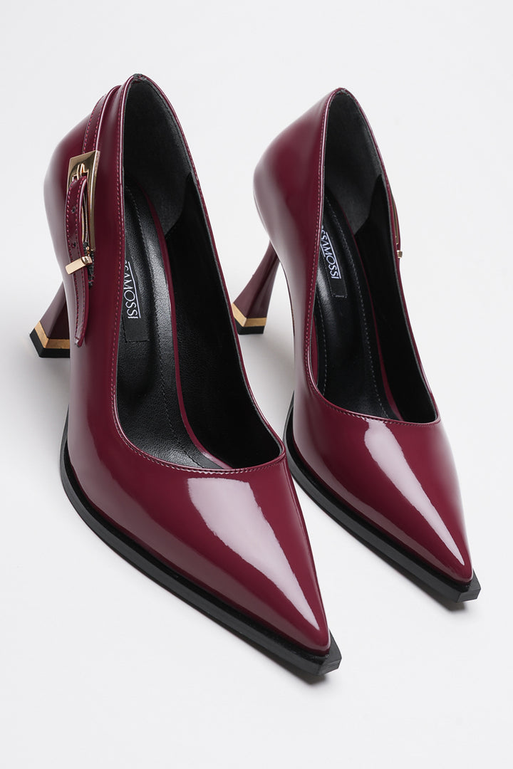 DSM Pony Bordeaux Leather Stiletto with Gold Buckle Detail High Heel Women's Shoe - Guilderland