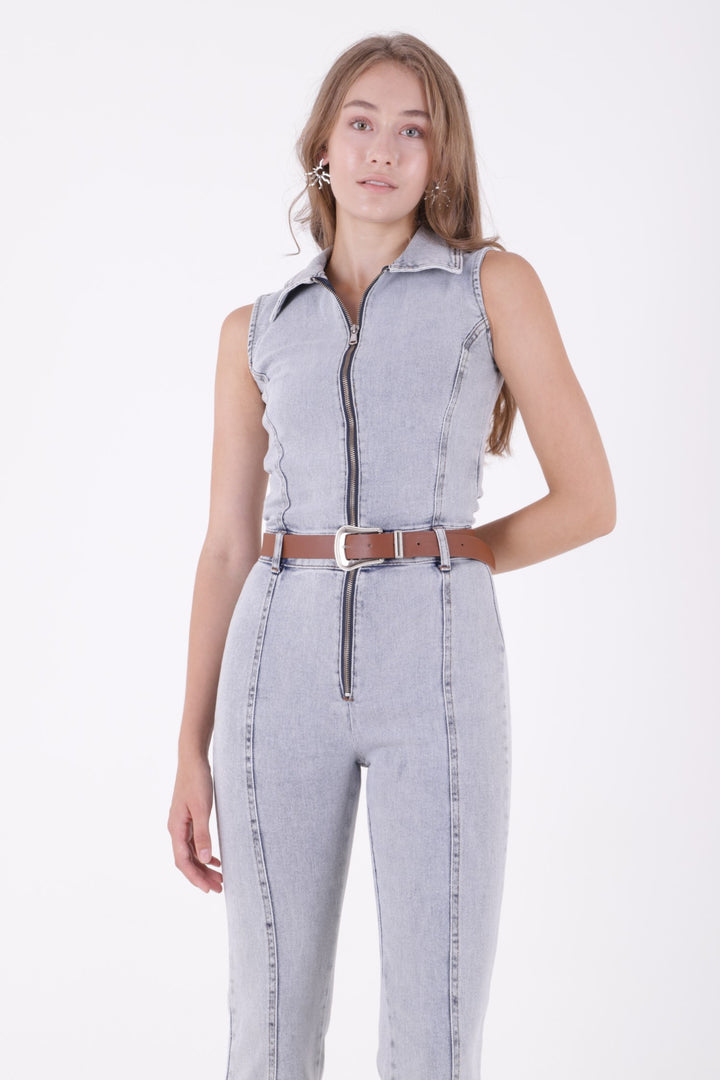 XLJ Sleeveless Denim Jumpsuit with Zipper and Belt Mixed - Zevenaar