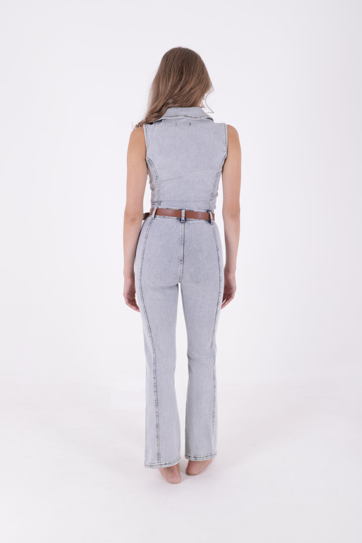 XLJ Sleeveless Denim Jumpsuit with Zipper and Belt Mixed - Zevenaar