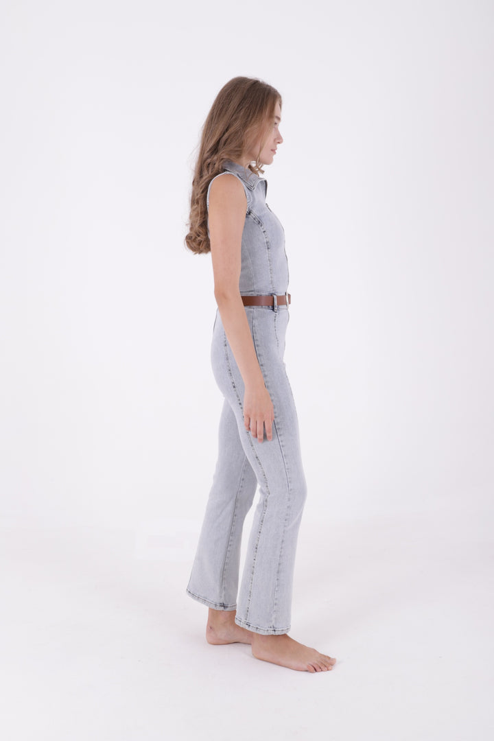 XLJ Sleeveless Denim Jumpsuit with Zipper and Belt Mixed - Zevenaar