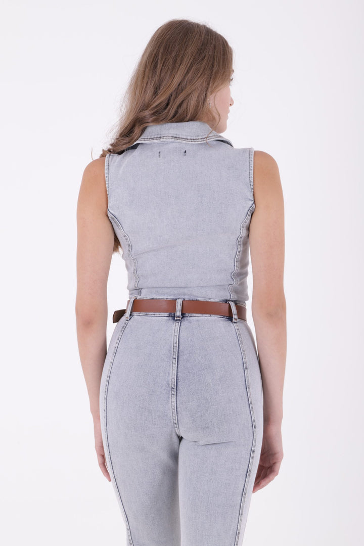 XLJ Sleeveless Denim Jumpsuit with Zipper and Belt Mixed - Zevenaar