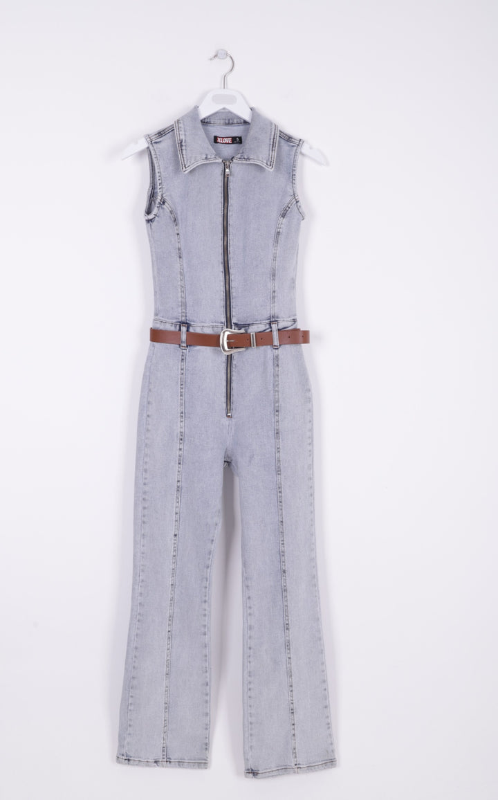 XLJ Sleeveless Denim Jumpsuit with Zipper and Belt Mixed - Zevenaar