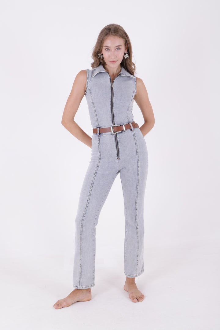 XLJ Sleeveless Denim Jumpsuit with Zipper and Belt Mixed - Zevenaar