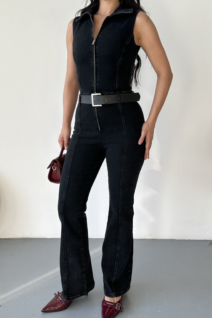 XLJ Sleeveless Denim Jumpsuit with Zipper and Belt Mixed - Kennewick