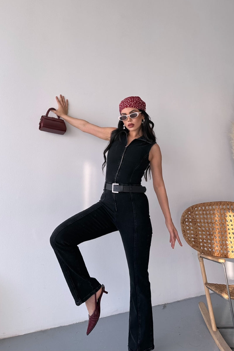 XLJ Sleeveless Denim Jumpsuit with Zipper and Belt Mixed - Kennewick