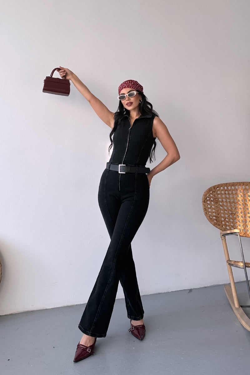 XLJ Sleeveless Denim Jumpsuit with Zipper and Belt Mixed - Kennewick
