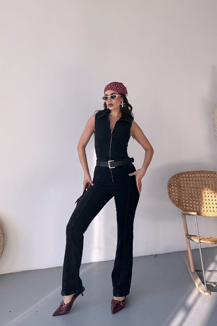 XLJ Sleeveless Denim Jumpsuit with Zipper and Belt Mixed - Kennewick