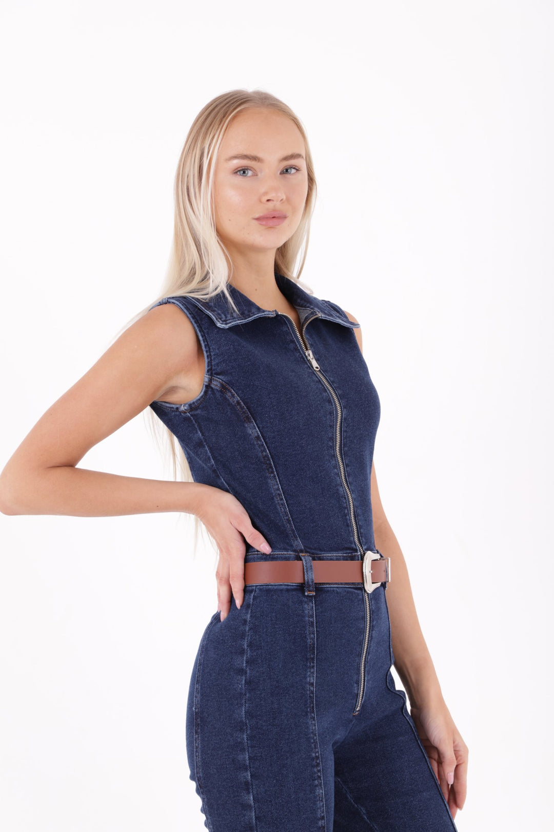 XLJ Sleeveless Denim Jumpsuit with Zipper and Belt Mixed - Pakenham