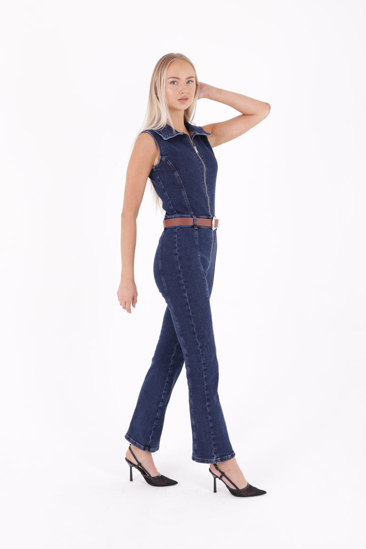XLJ Sleeveless Denim Jumpsuit with Zipper and Belt Mixed - Pakenham