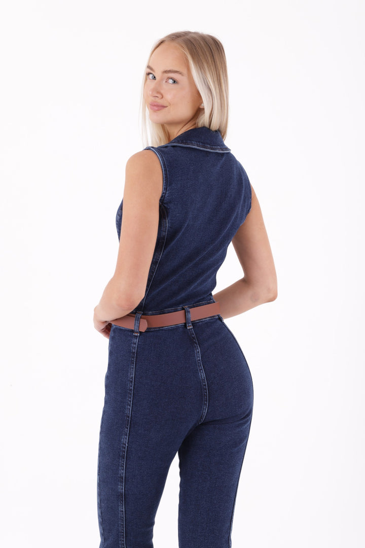 XLJ Sleeveless Denim Jumpsuit with Zipper and Belt Mixed - Pakenham