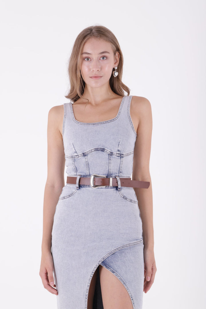 XLJ Denim Dress with Denim Straps and Leather Belt - St. Albert