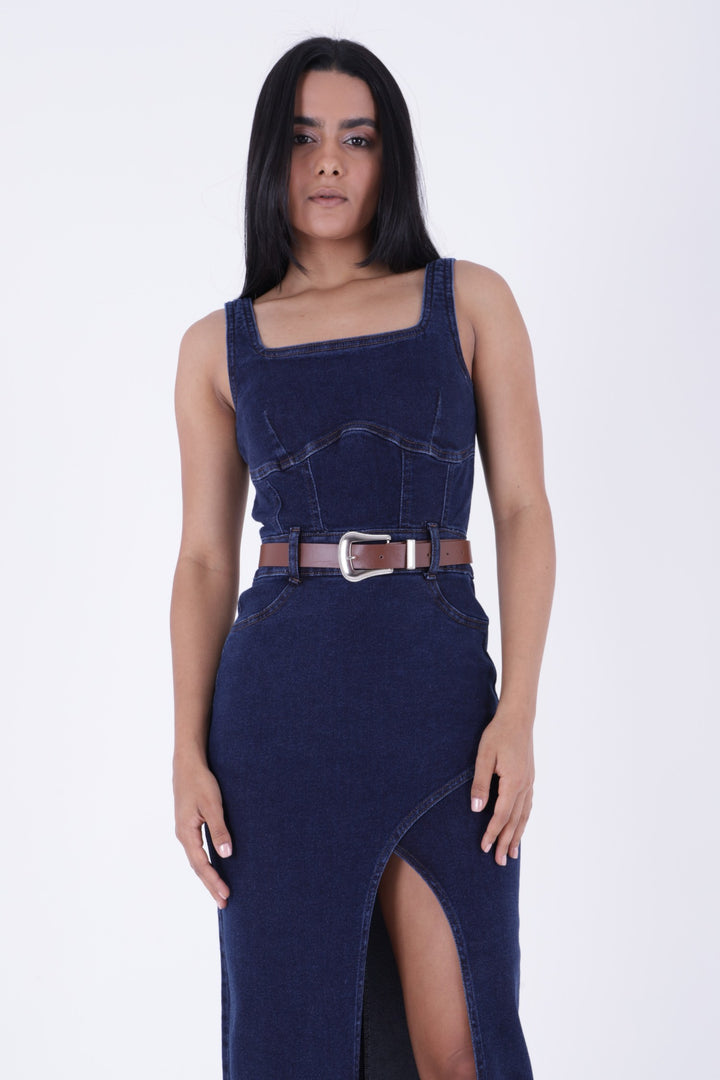 XLJ Denim Dress with Denim Straps and Leather Belt - Spartanburg