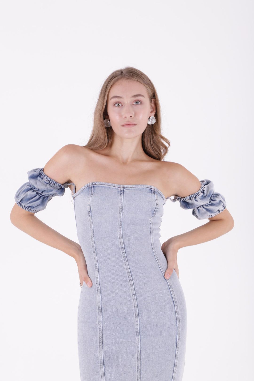 XLJ Short Strapless Denim Dress with Elastic Sleeves - El Centro